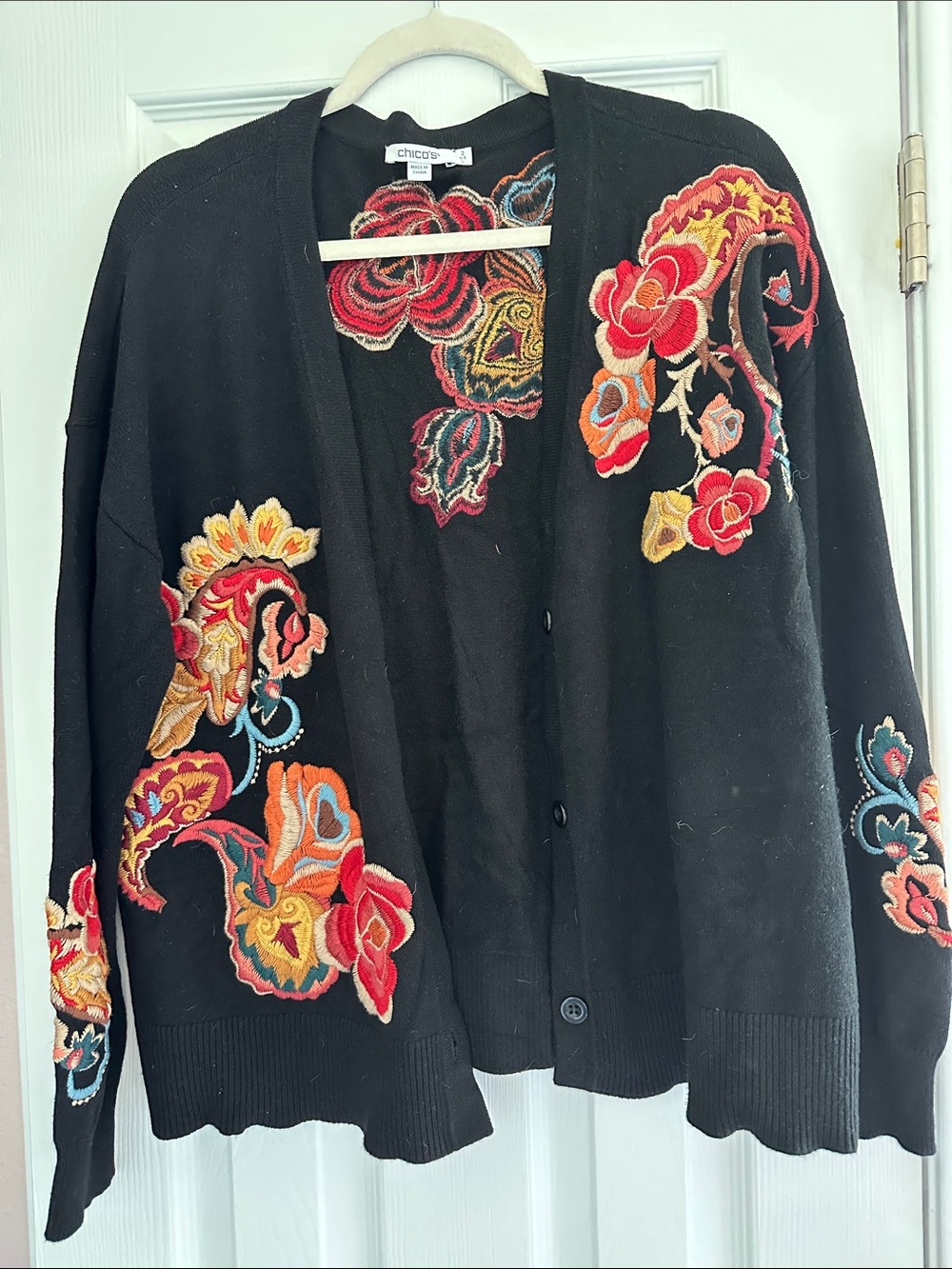 Chico's Black Cardigan with Multicolor Floral Embroidery - Picture 1 of 4